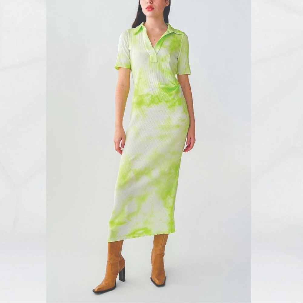 HELMUT LANG Ribbed Tie-Dyed Cotton-Jersey Midi Dress Lime Green SZ M